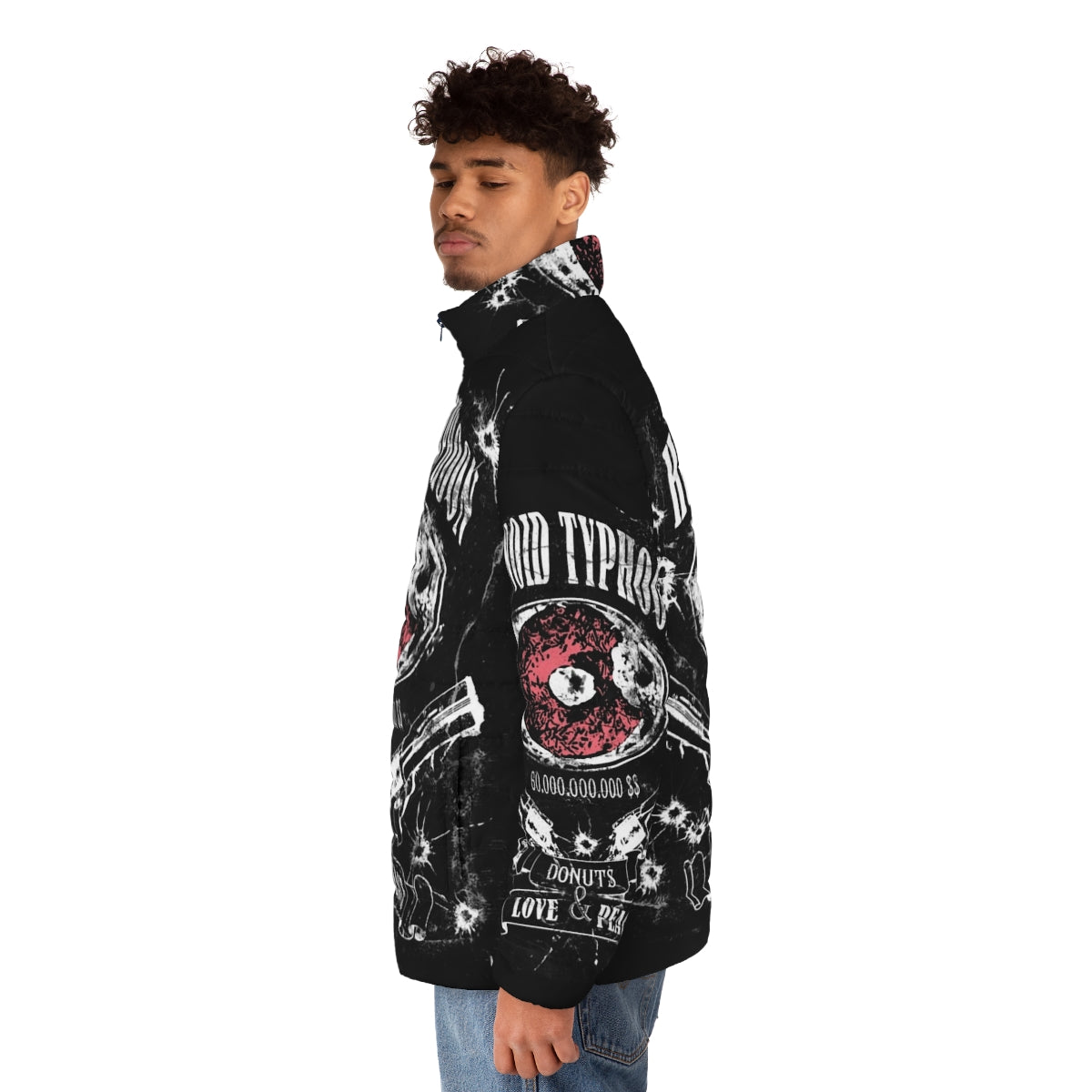 Trigun inspired Humanoid Typhoon puffer jacket with donuts design - men side left