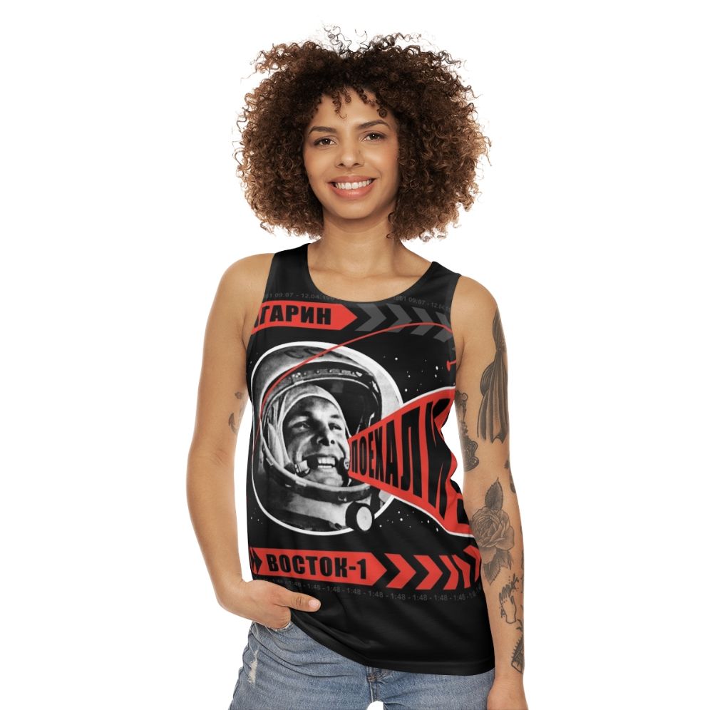 Gagarin Poyekhali Unisex Tank Top with space exploration design - women