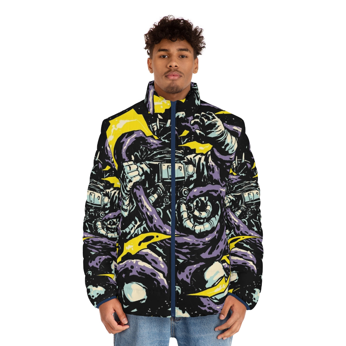 Intergalactic Space Trap Puffer Jacket featuring an astronaut, alien, and cosmic creatures in a digital art style - men front