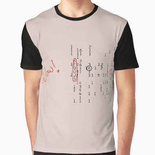 Graphic T-Shirt featuring the iconic "Wow!" signal, a potential extraterrestrial radio signal discovered in 1977, with space and astronomy-themed elements.