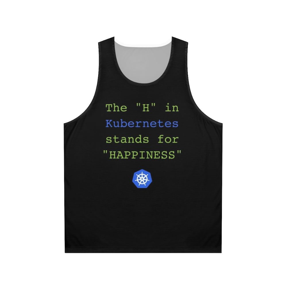 Unisex tank top with Kubernetes logo and text "The H in Kubernetes Stands for Happiness"