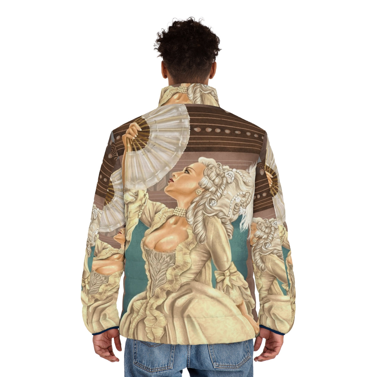 Stylish puffer jacket featuring pop art inspired French royalty design - men back