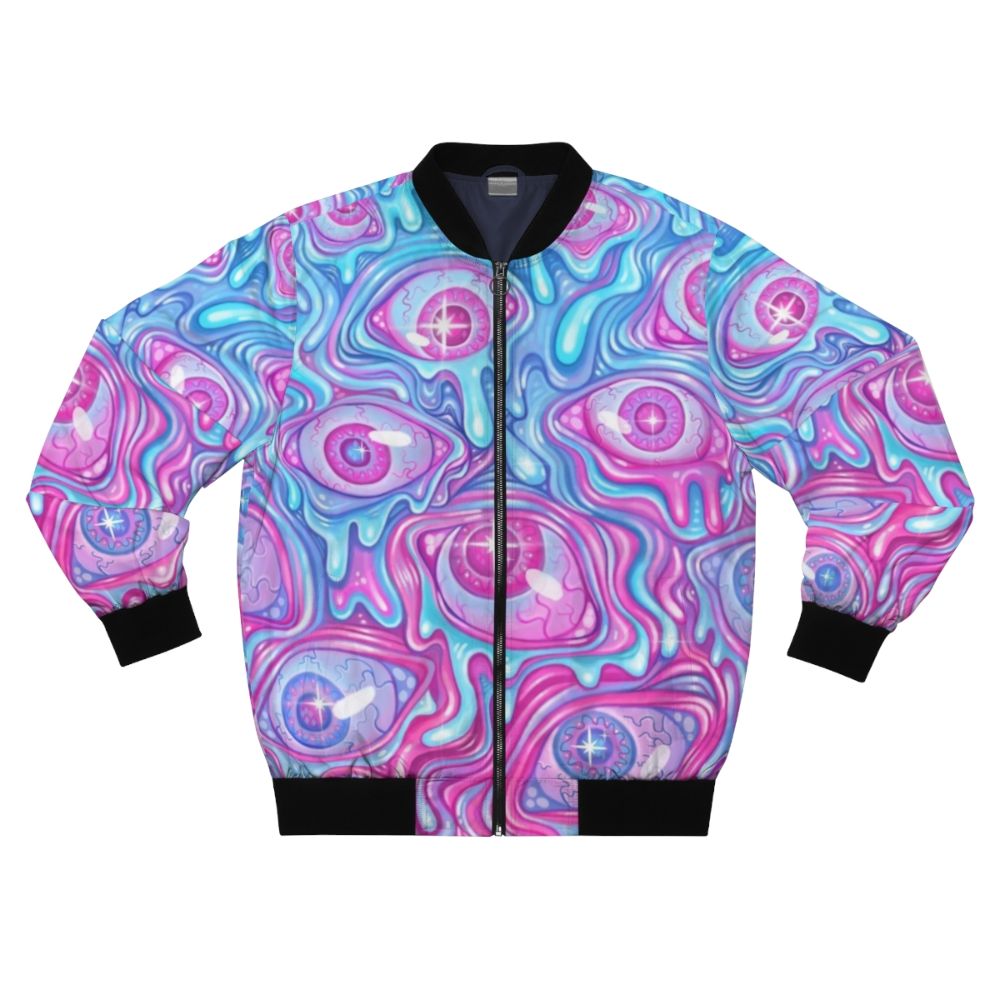 A colorful and creepy bomber jacket with an eyeball pattern design.