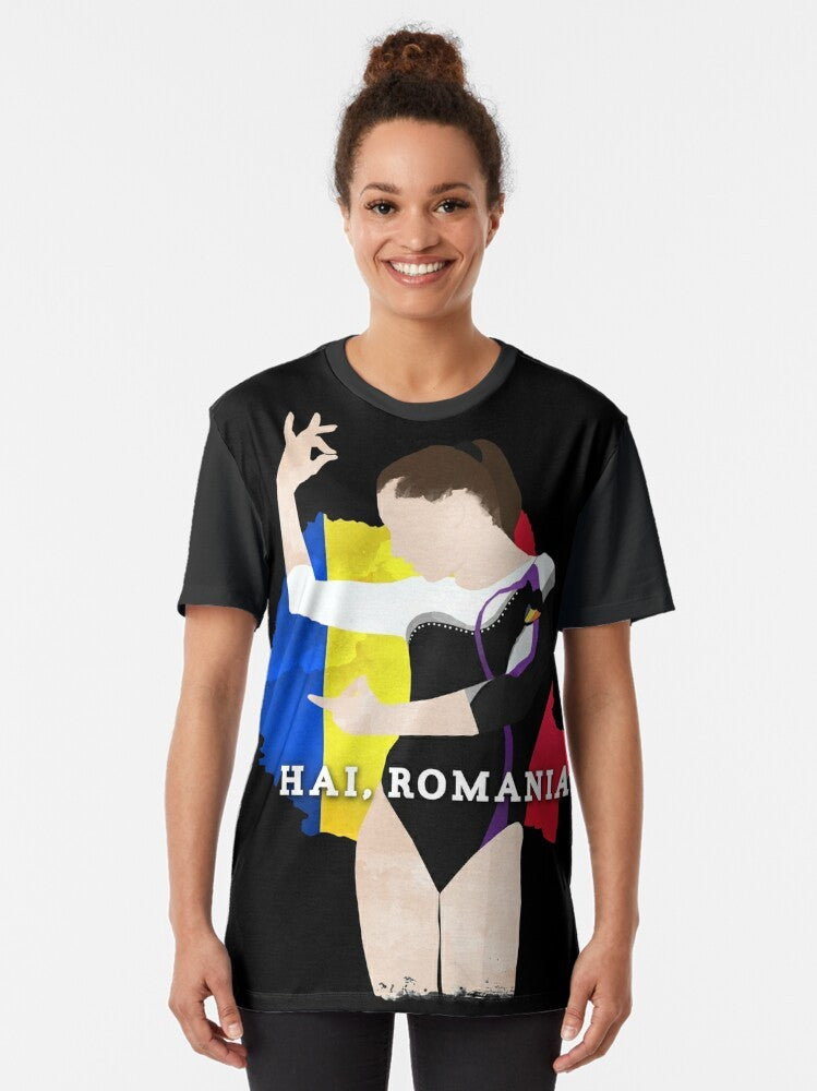 "HAI, ROMANIA!" Graphic T-Shirt featuring Romanian gymnastics and the gymternet community - Women