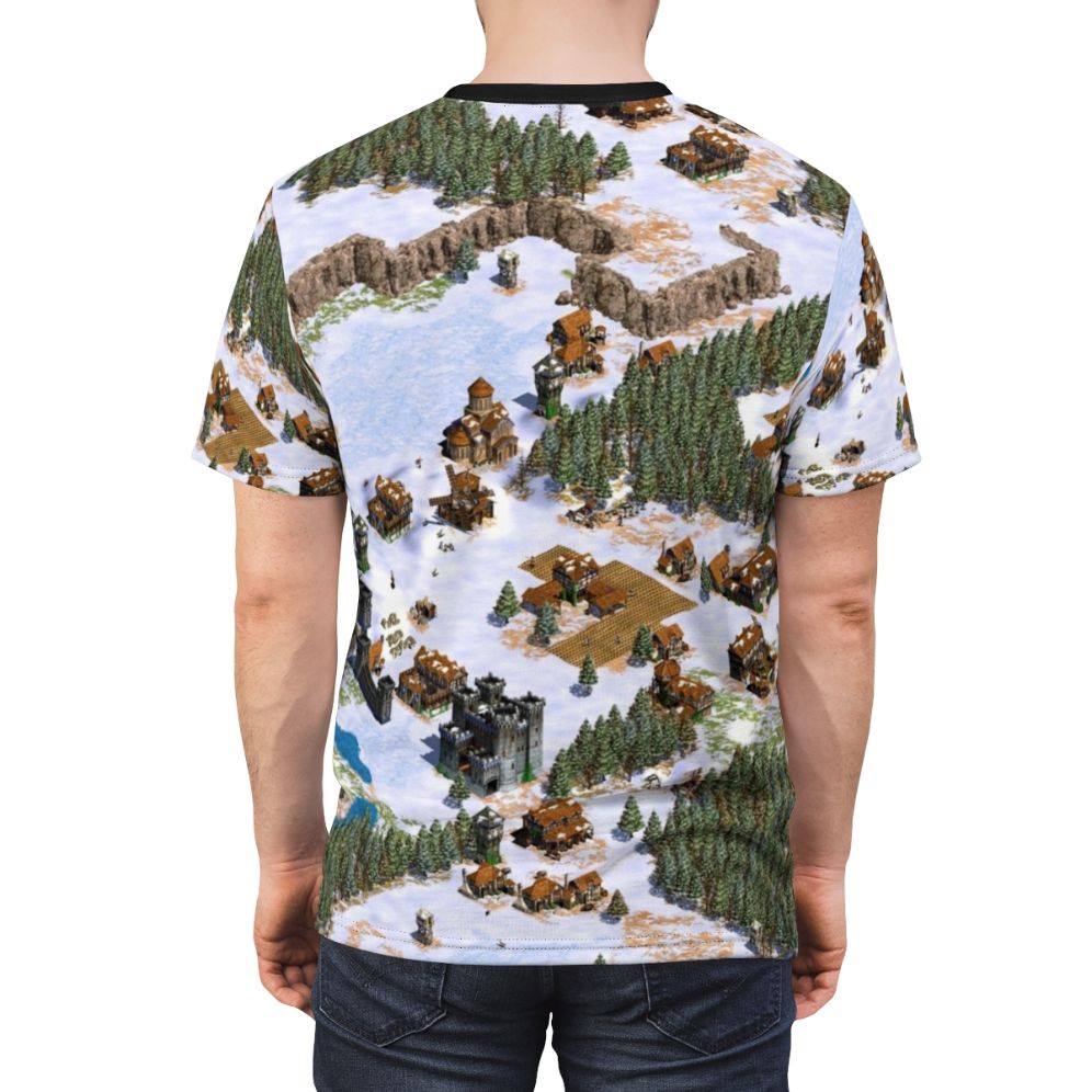 Vintage-style t-shirt featuring a snowy landscape design inspired by the classic real-time strategy game Age of Empires. - men back