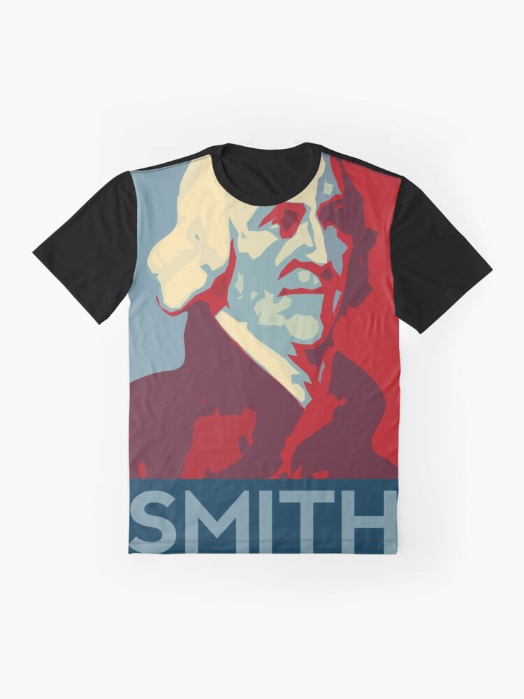 Adam Smith Hope Poster Graphic T-Shirt showcasing the iconic figure of the father of modern capitalism - Flat lay