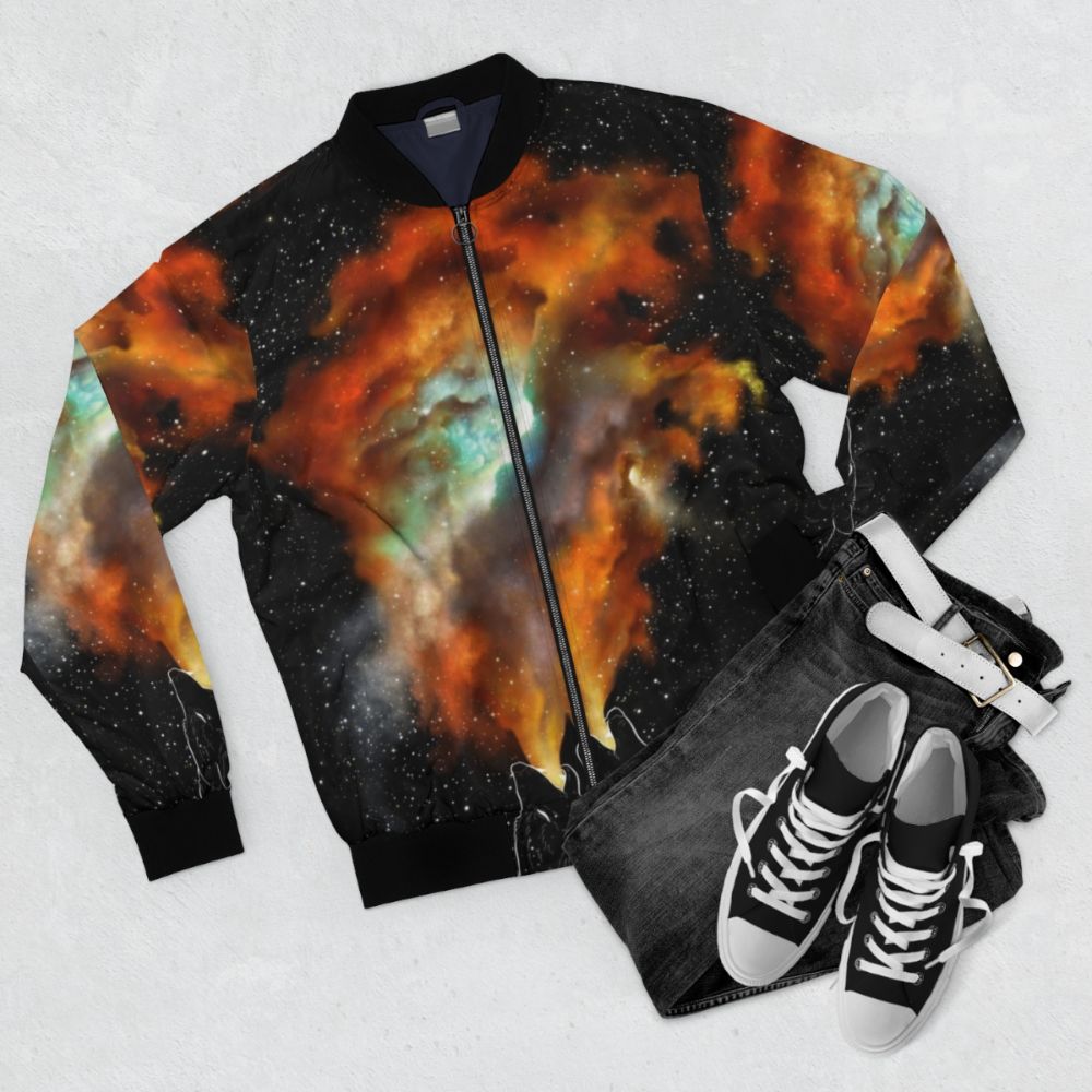 Wolves and Stars Bomber Jacket featuring a galaxy-inspired design with howling wolves and twinkling stars. - Flat lay