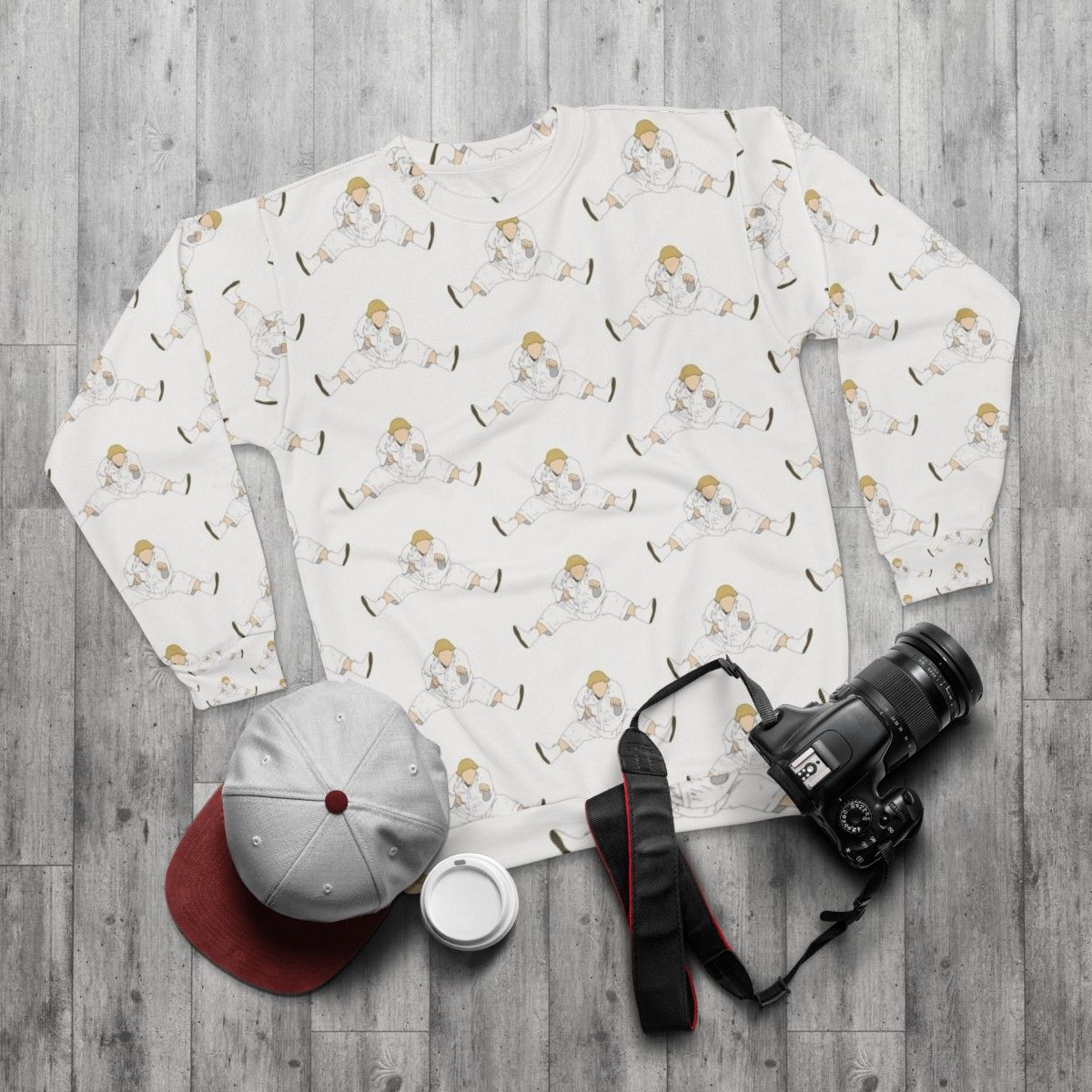 Chris Farley as the "Beverly Hills Ninja" character on a white sweatshirt - flat lay