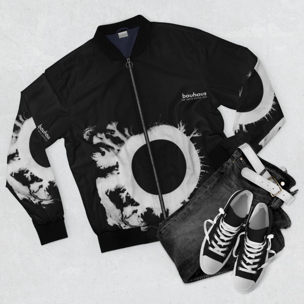 Bauhaus post punk 80s retro black and white artwork bomber jacket - Flat lay