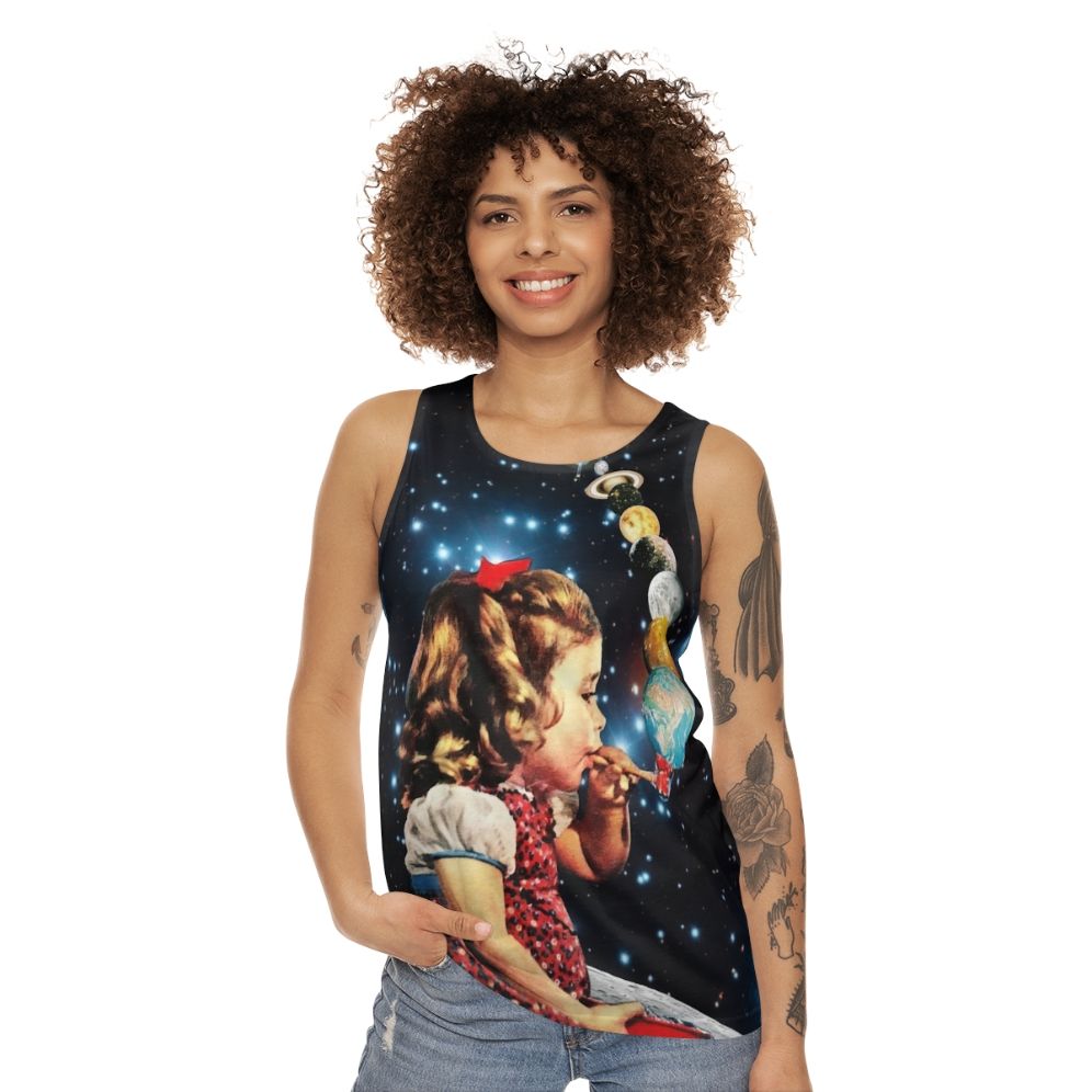 Psychedelic unisex tank top with surreal, vintage-inspired design - women