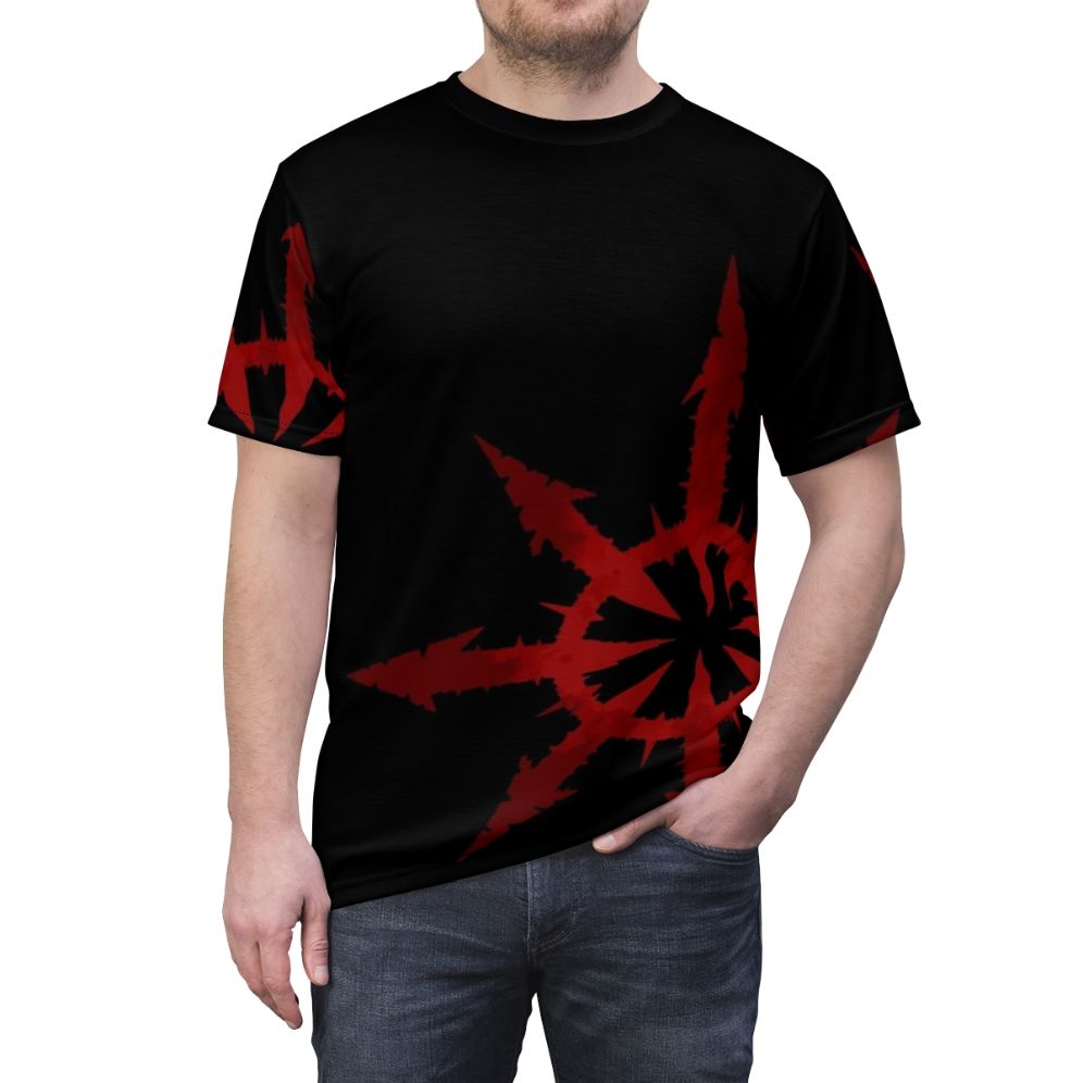 Apocalyptic Chaos Blood graphic design on a black t-shirt for Warhammer 40K enthusiasts - men front