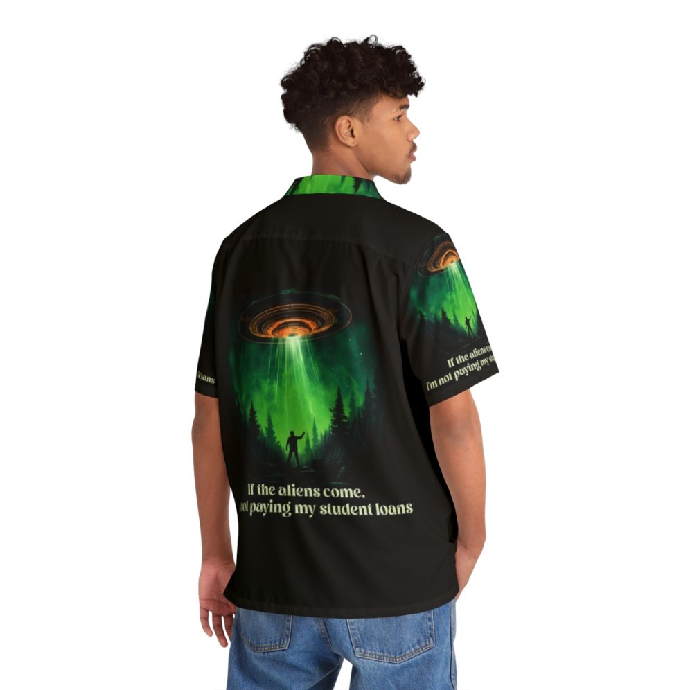 Alien Hawaiian Shirt with Student Loan Debt Free Design - Flat lay