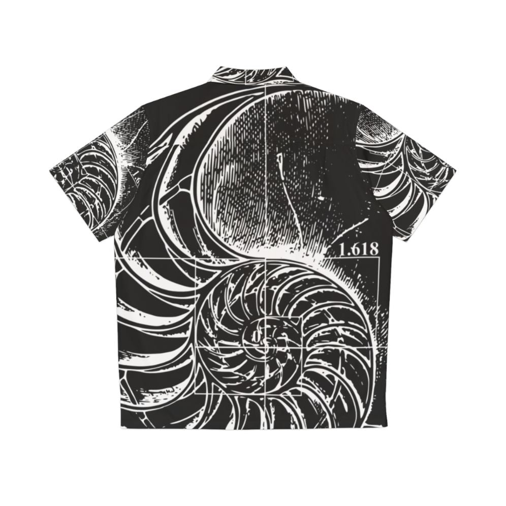 Fibonacci nautilus shell pattern on a black and white Hawaiian shirt - Back