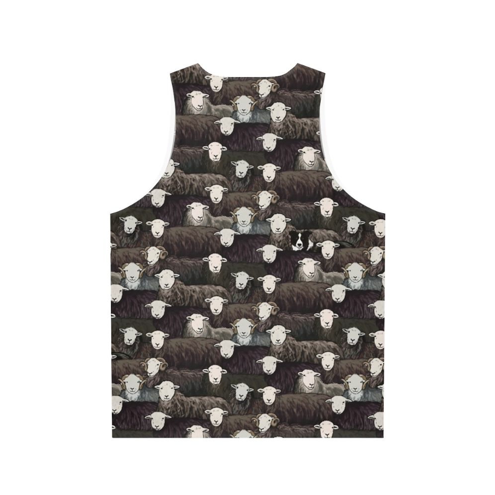 Herdwick Unisex Tank Top with Sheepdog and Farm Landscape Design - Back