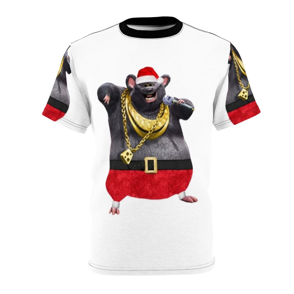 Whimsical illustration of Biggie Cheese character in a Christmas-themed design on a t-shirt