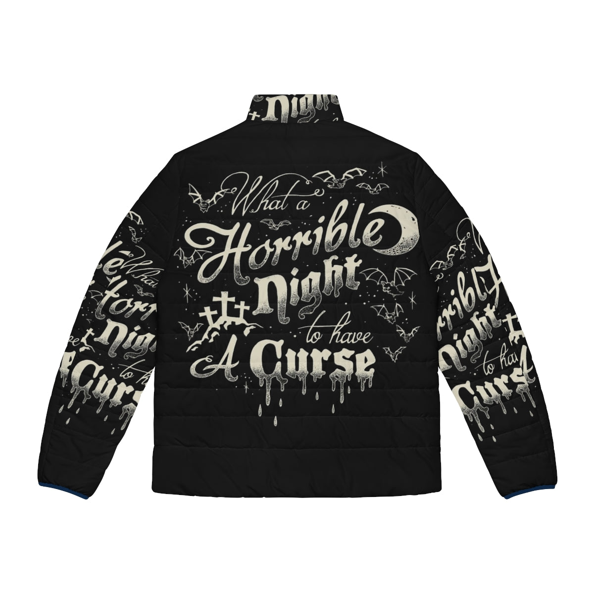 A Castlevania-themed puffer jacket with a "A Horrible Night To Have A Curse" typography design - Back