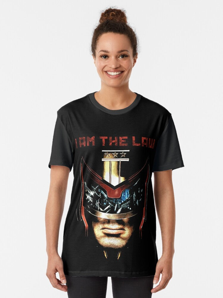 "I Am the Law" graphic t-shirt featuring Judge Dredd character from science fiction comics - Women