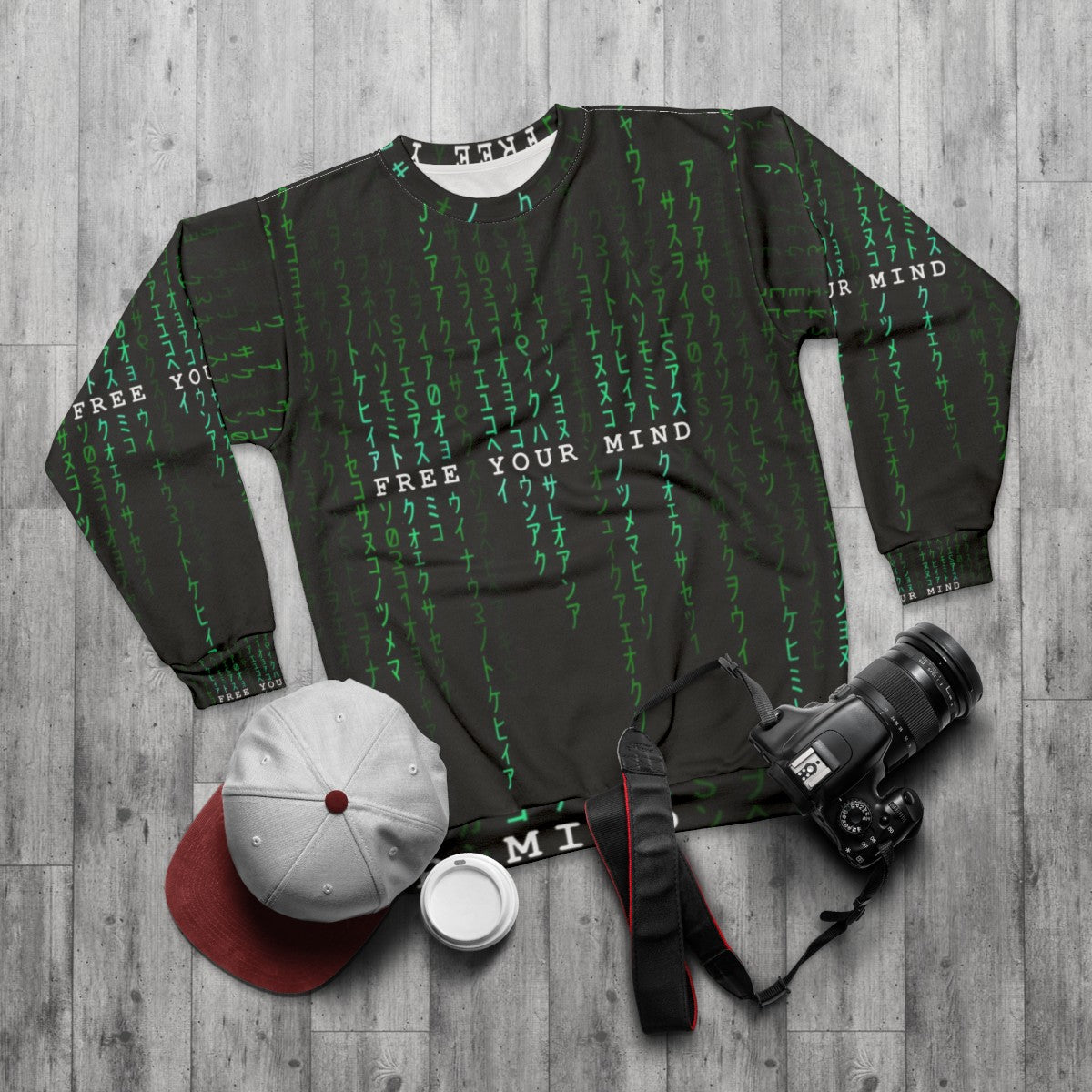 "Free Your Mind" sci-fi sweatshirt with digital rain design - flat lay