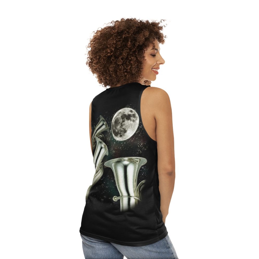 Unisex tank top with three-moon design and brass instruments - women back