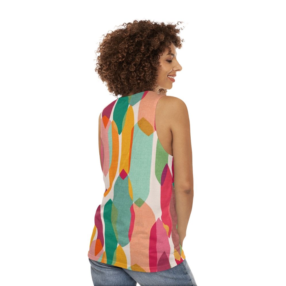 Colorful mid century modern droplets pattern on unisex tank top - women back