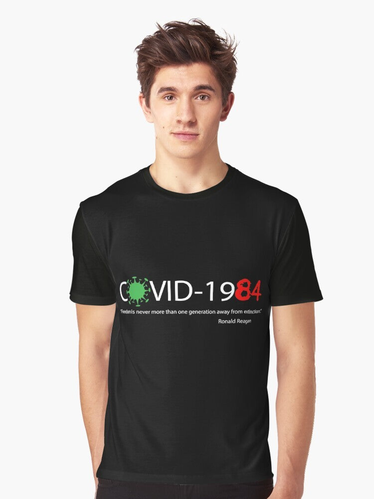 Covid 1984 Dystopia Graphic T-Shirt featuring a thought-provoking quote inspired by George Orwell's 1984. - Men