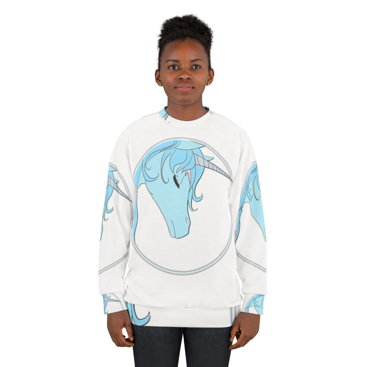 Model wearing a cozy "The Last Unicorn" sweatshirt with a magical unicorn design - women