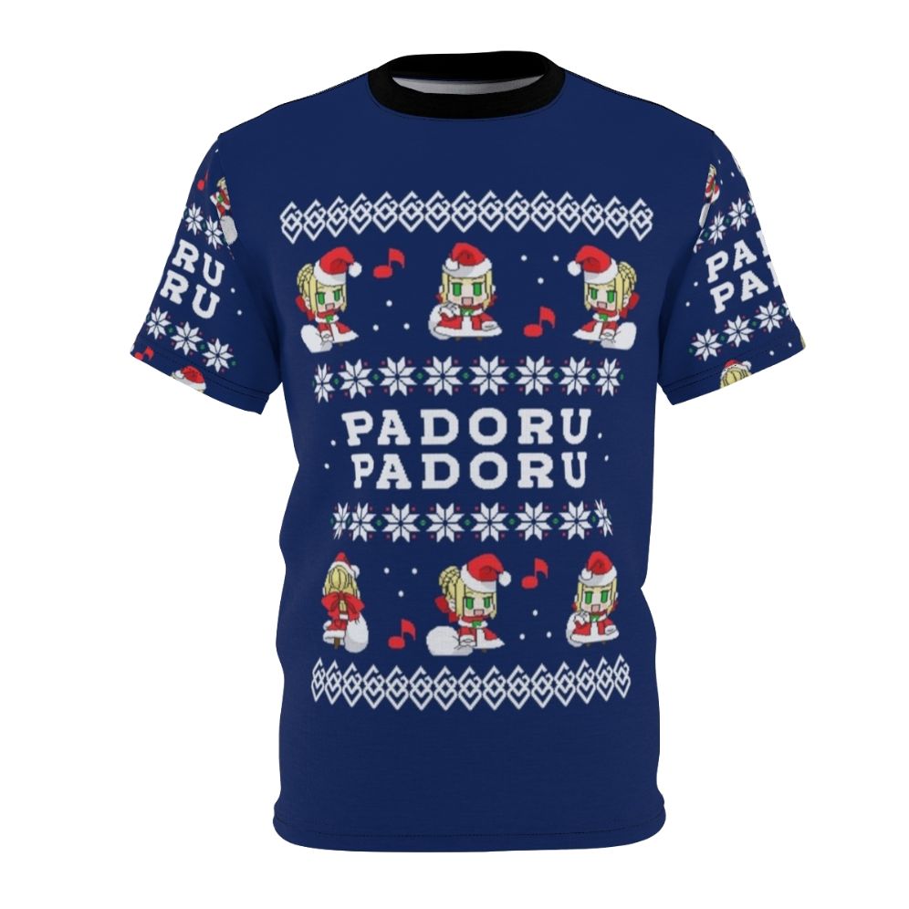 Padoru themed anime t-shirt featuring characters from the Fate series, including Saber, Nero, and Claudius, perfect for fans of Fate Grand Order and winter holiday celebrations.