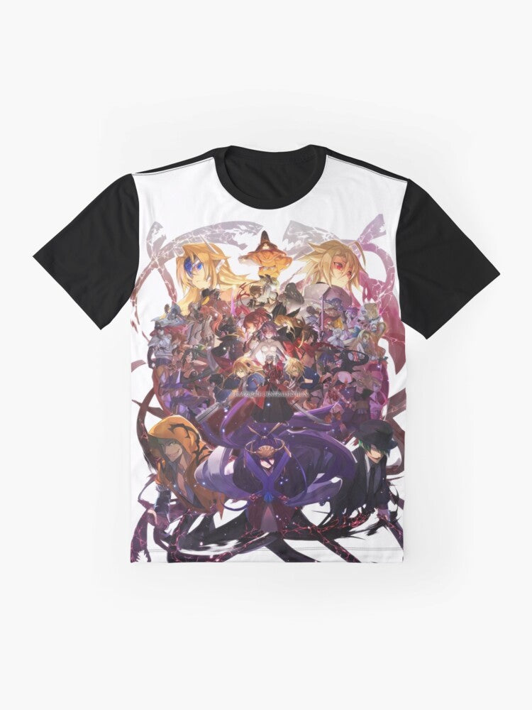 Blazblue video game-themed graphic t-shirt featuring all the main characters from the fighting game series - Flat lay