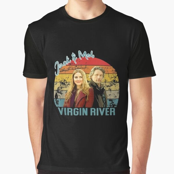 Graphic t-shirt with a sunset over the Virgin River, the home of Jack's Bar