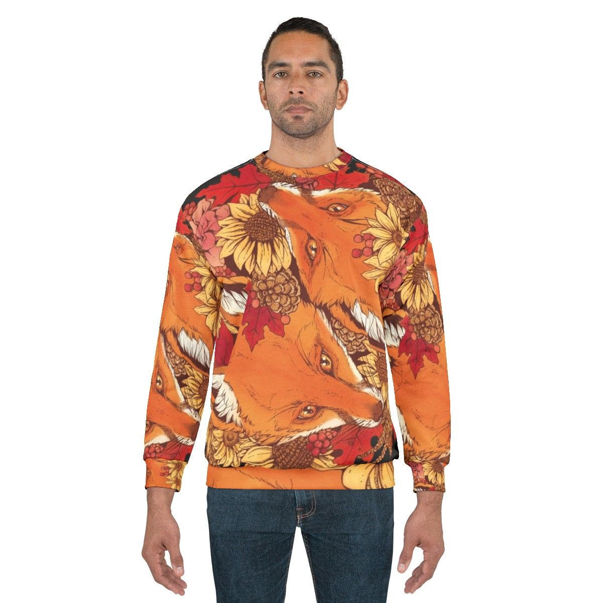 Autumn Fox Bloom Sweatshirt with foxes, sunflowers, and fall leaves - men