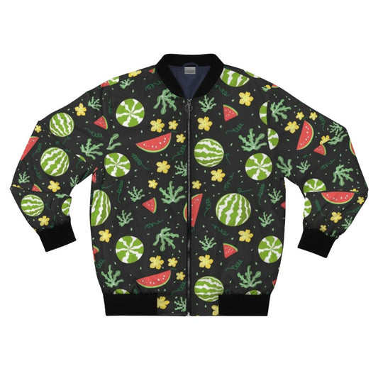 A colorful bomber jacket featuring a vibrant watermelon print design