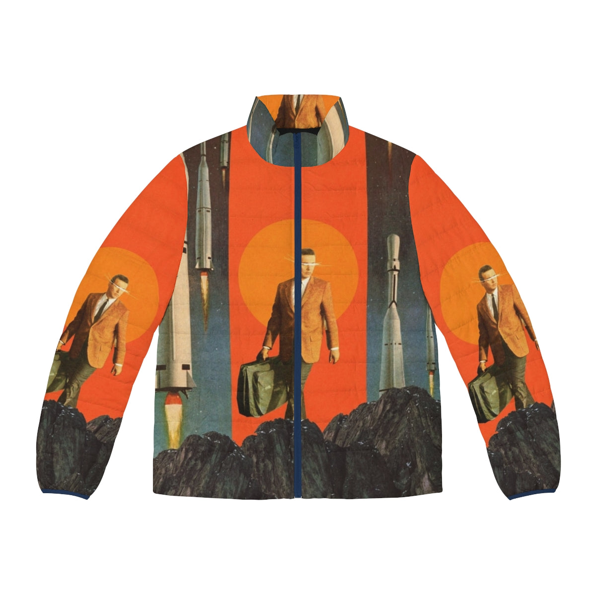 Retro puffer jacket in a surreal, vintage-inspired digital collage with space, mountains, and sky imagery