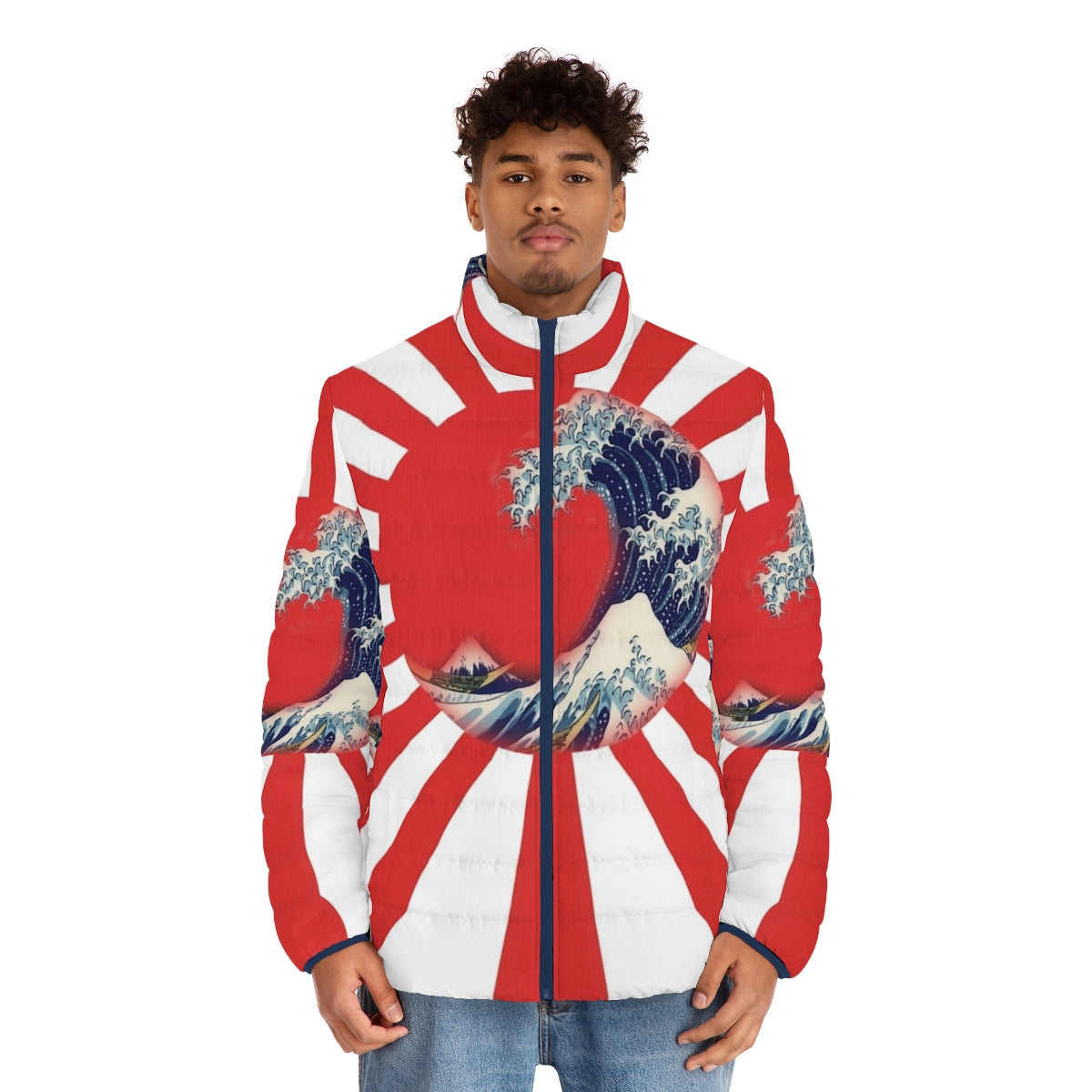 Person wearing a puffer jacket with the iconic "Great Wave off Kanagawa" design by Hokusai - men front