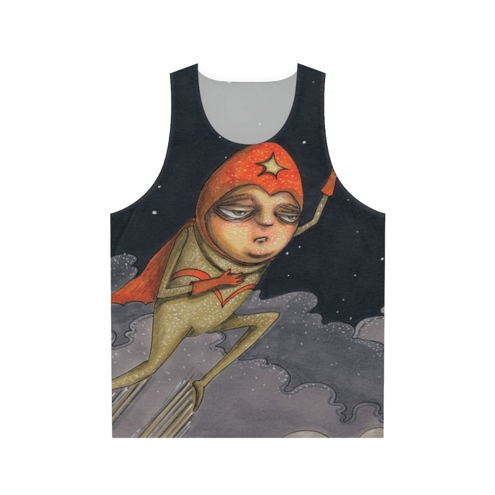 Captain Enthusiasm unisex tank top with a hand-drawn superhero design