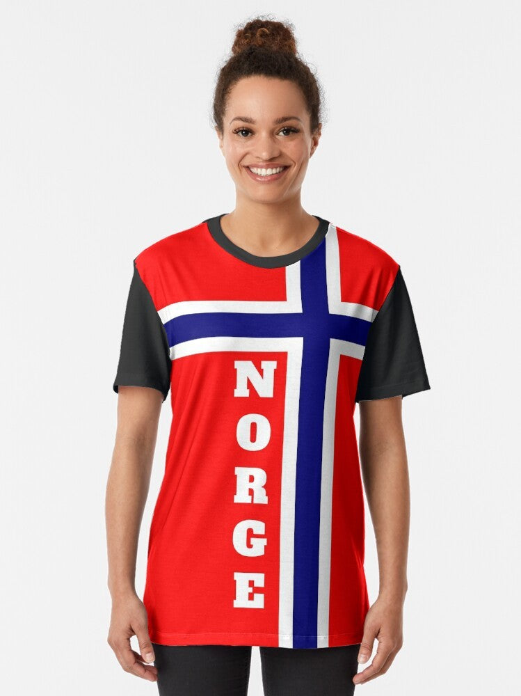 T-shirt featuring the Norwegian flag design, perfect for Norway national team supporters - Women