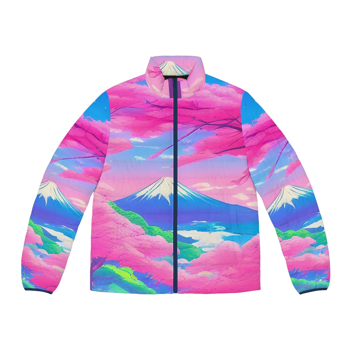 Sakura landscape puffer jacket featuring a vibrant, Japanese-inspired design with cherry blossoms and Mount Fuji