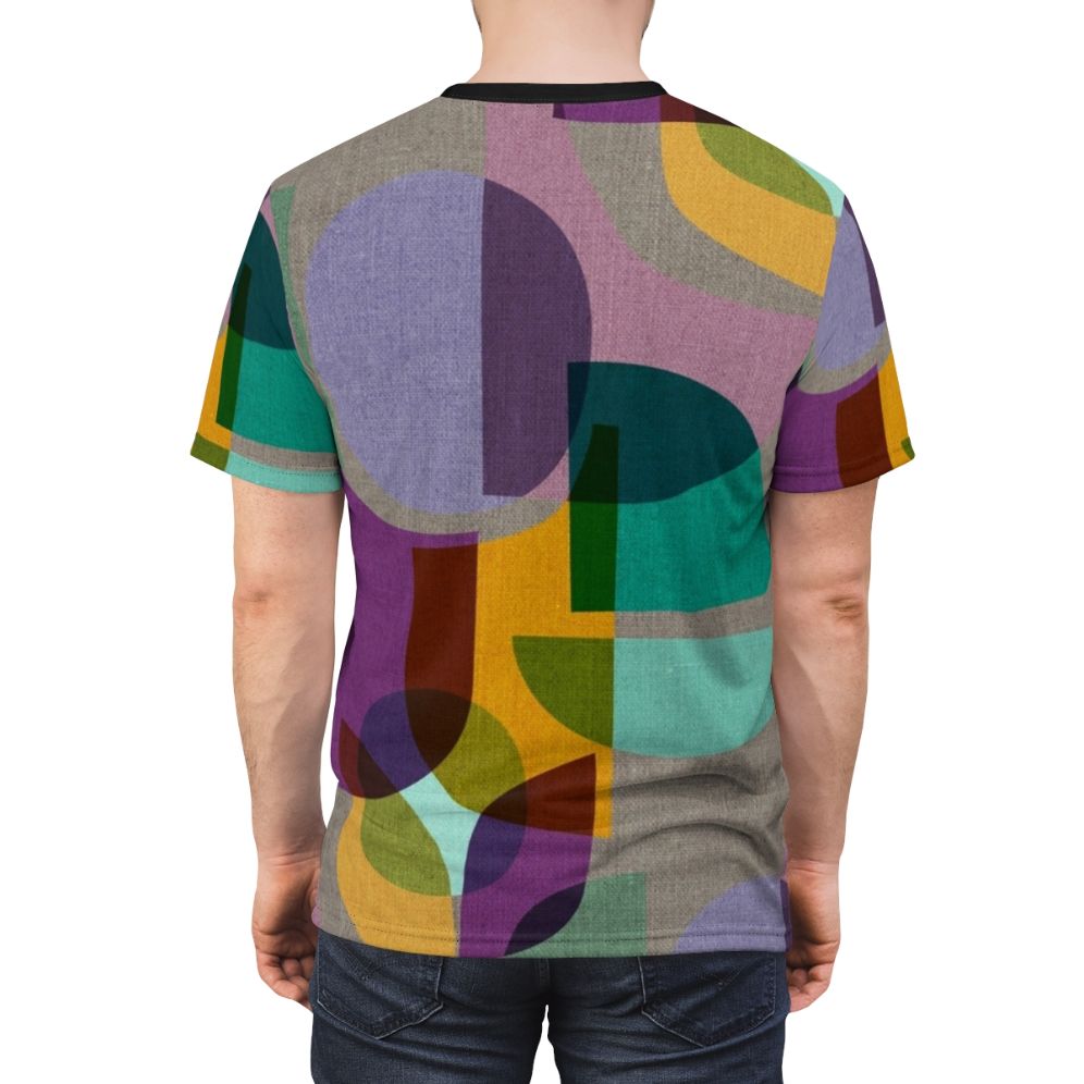 Multicolored abstract kaleidoscope design on a mid century-inspired t-shirt - men back