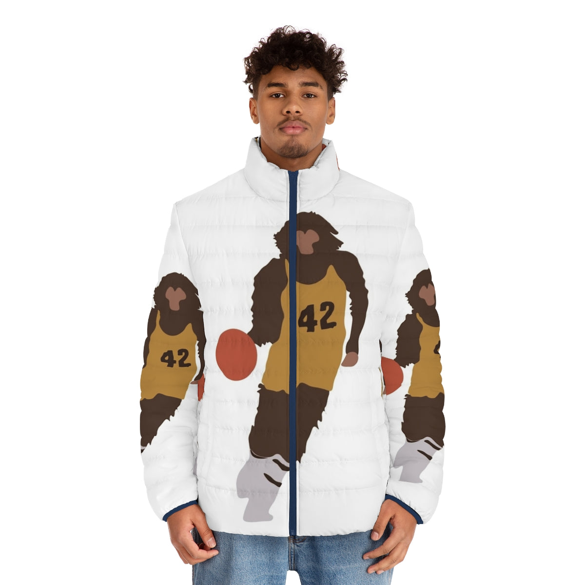 A stylish 80s-inspired teen wolf puffer jacket featuring iconic pop culture imagery - men front