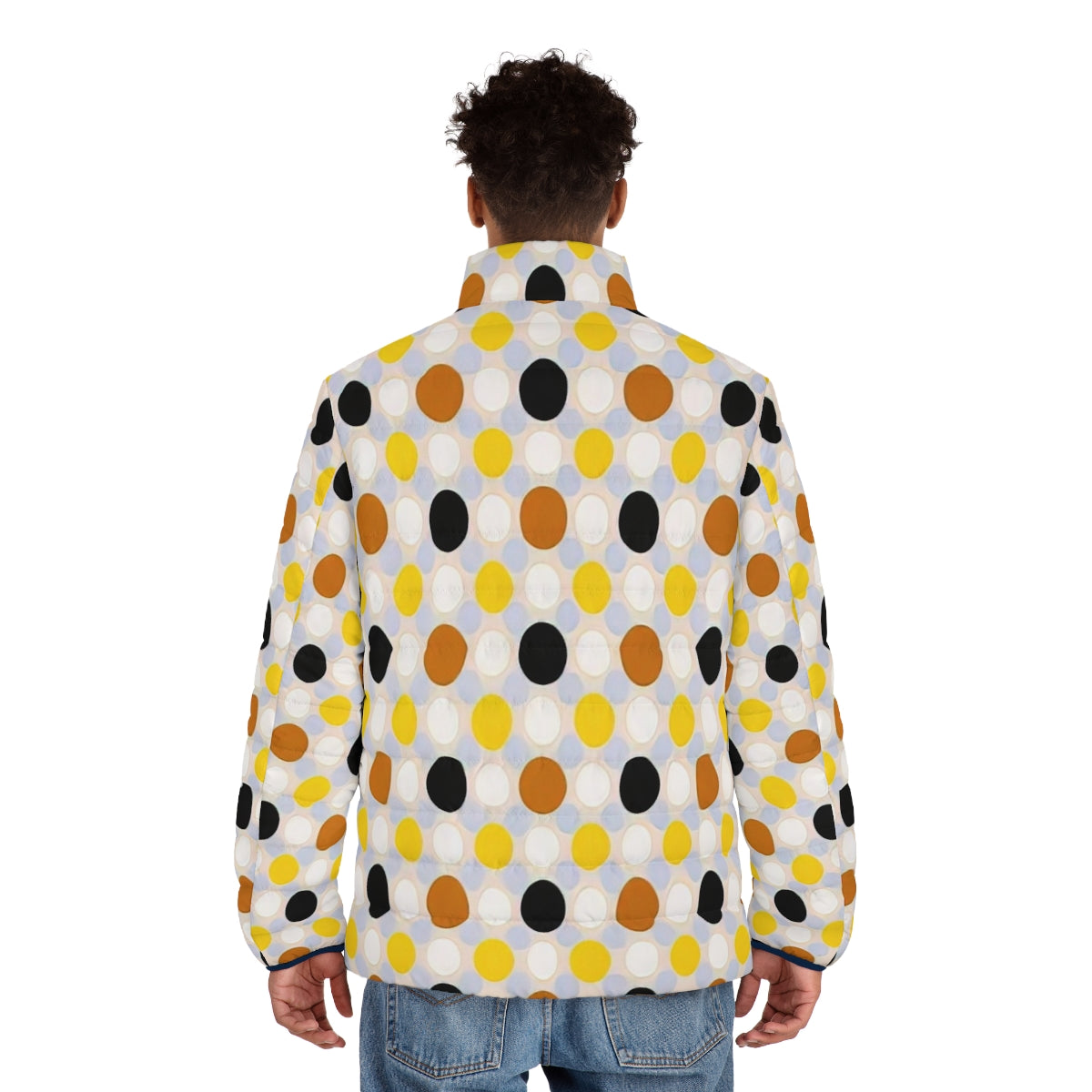 Puffer jacket in vibrant colors and geometric patterns, inspired by the abstract art of American painter Thomas Downing. - men back