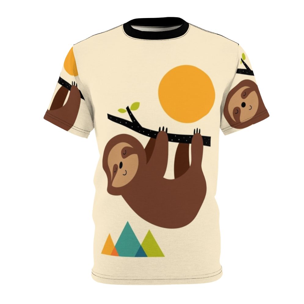 Sloth themed t-shirt with a nature landscape design