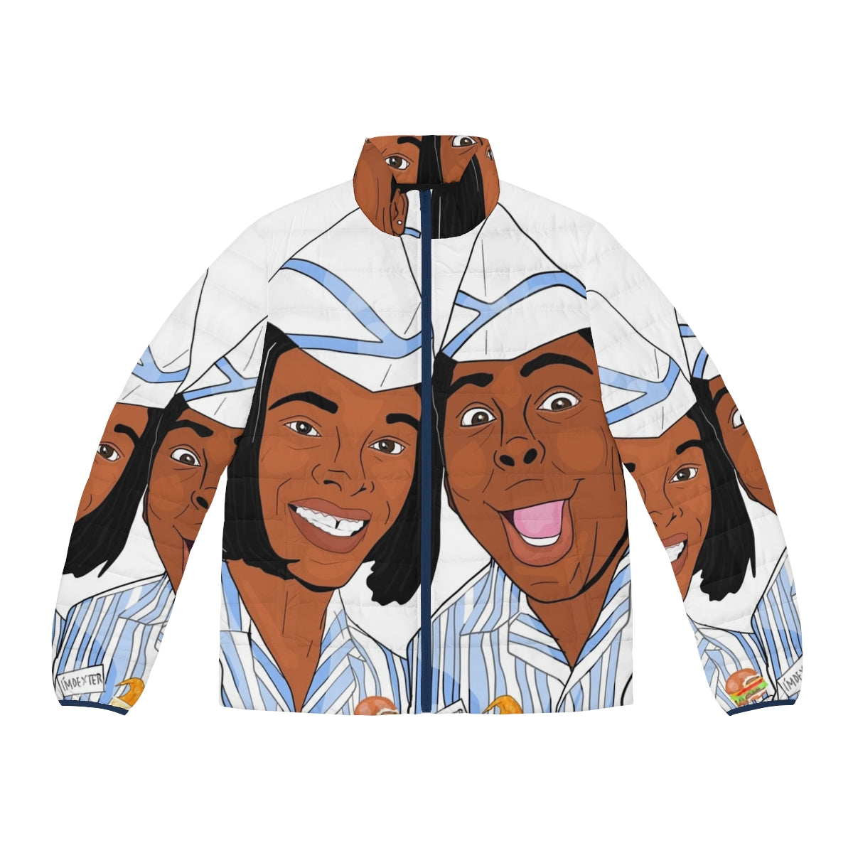 "Good Burger" themed puffer jacket in blue, white, and brown colors