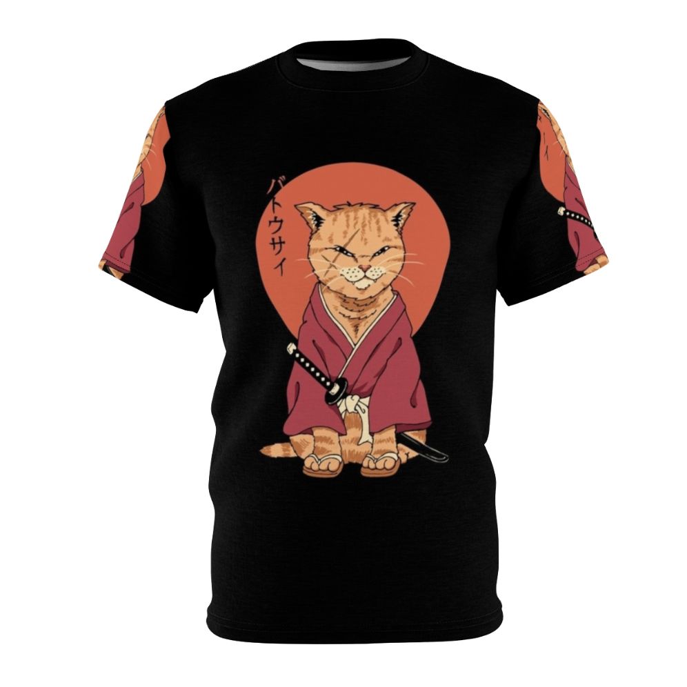 Product image of a t-shirt featuring a cat in samurai attire wielding a sword, inspired by Japanese art and anime