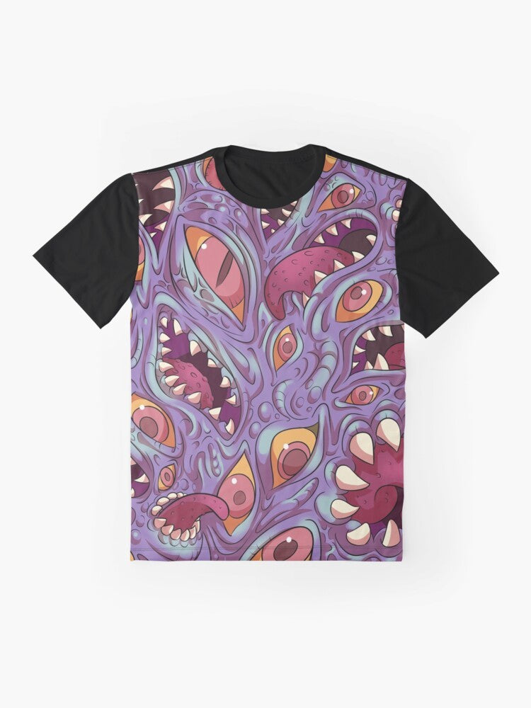 Lovecraftian-inspired graphic t-shirt featuring eldritch cthulhu monster with eyes, mouths, and fangs on a purple textured background. - Flat lay