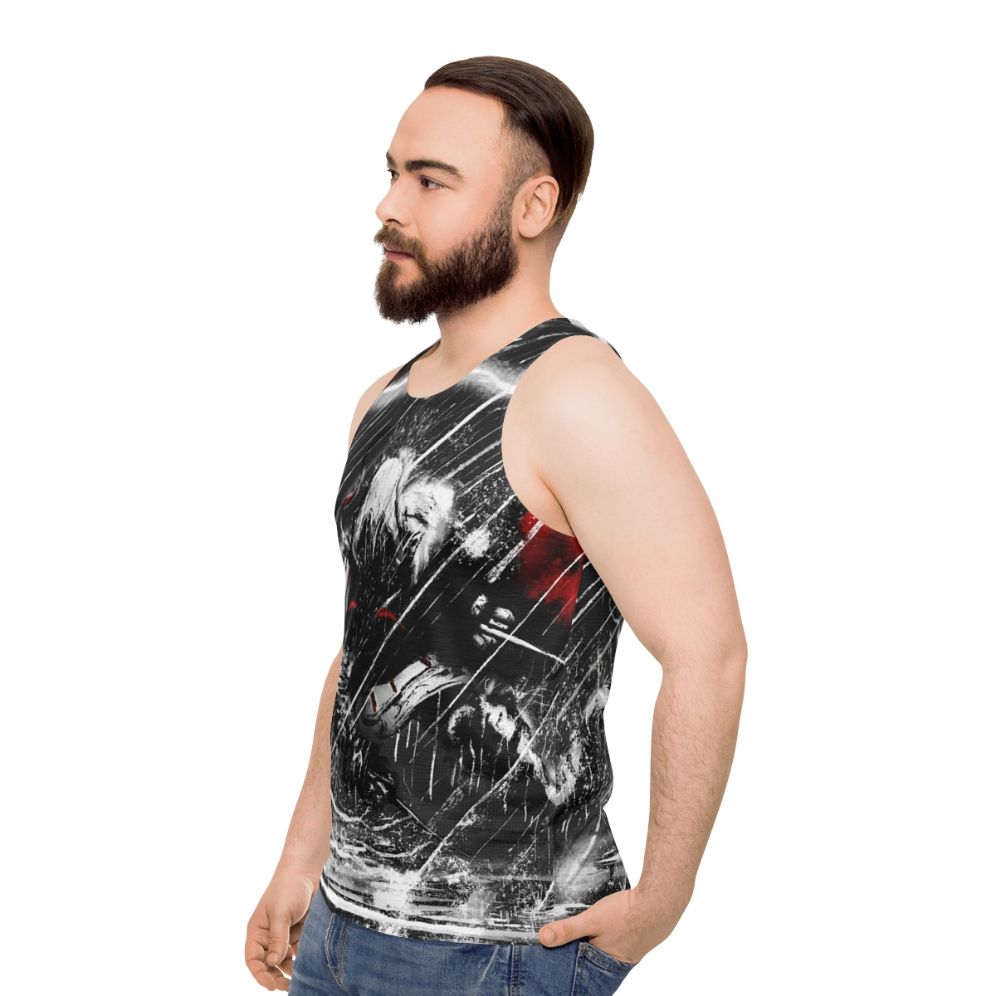 Assassin's Creed inspired unisex tank top with comic book style thunder design - men side