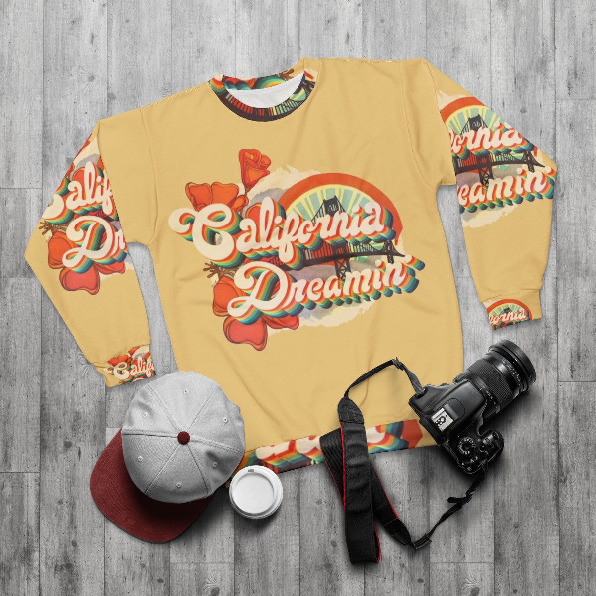 Vintage California Dreamin' Sweatshirt with Psychedelic Music Graphic - flat lay