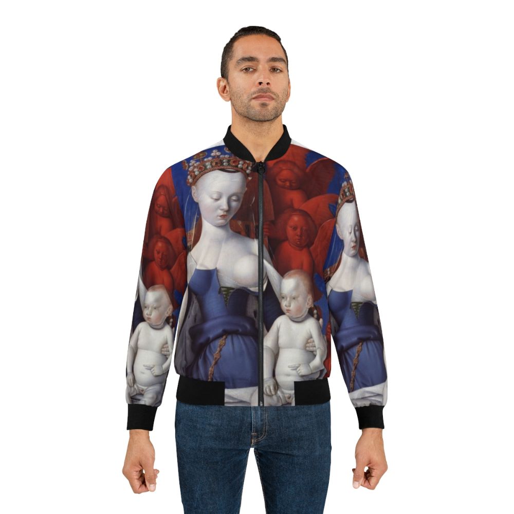 Bomber jacket featuring the classic French artwork "The Virgin and Child with Angels" by Jean Fouquet - Lifestyle