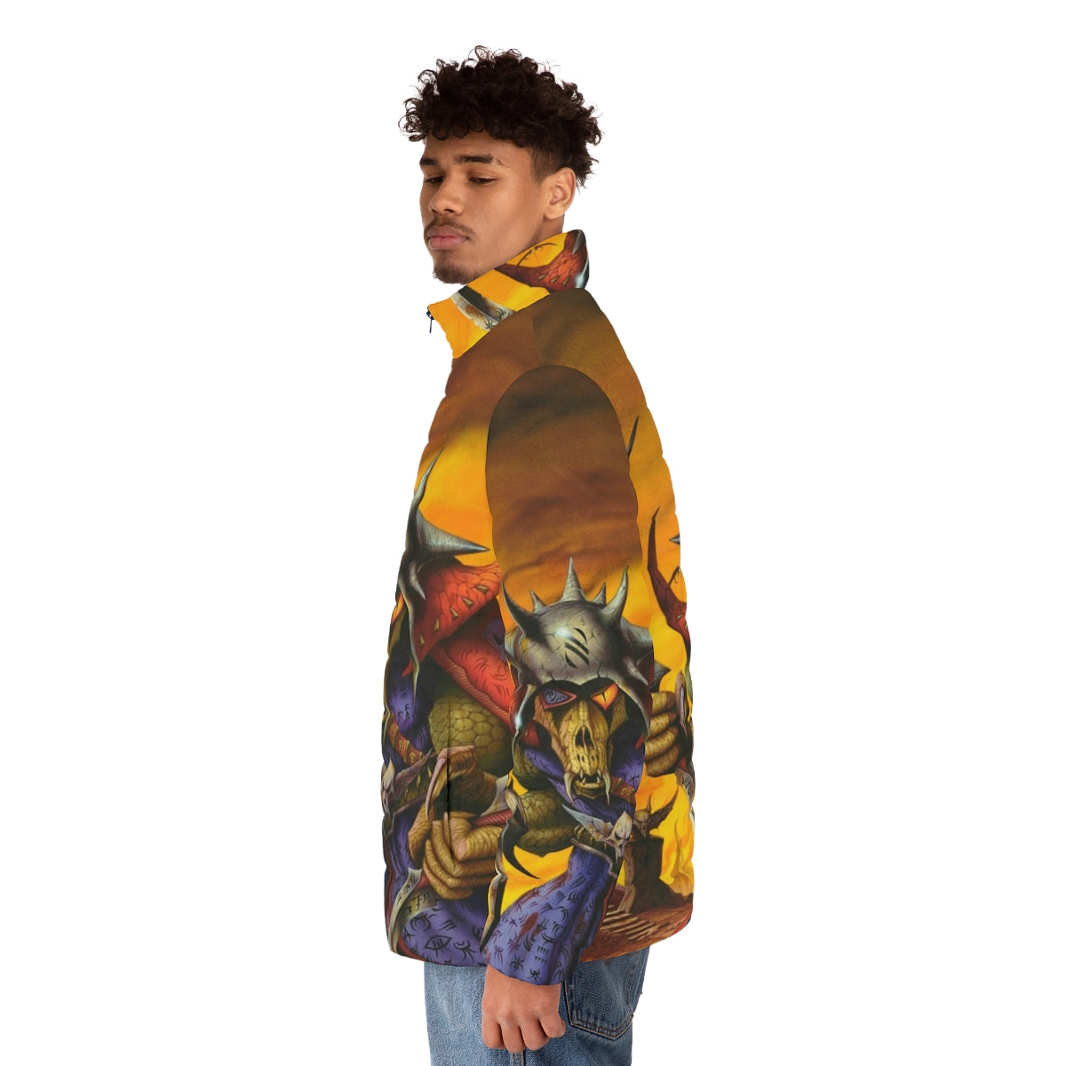 'No Means of Escape' heavy metal puffer jacket with gothic fantasy villain design featuring fire, orange, snakes, skulls, and bats - men side left