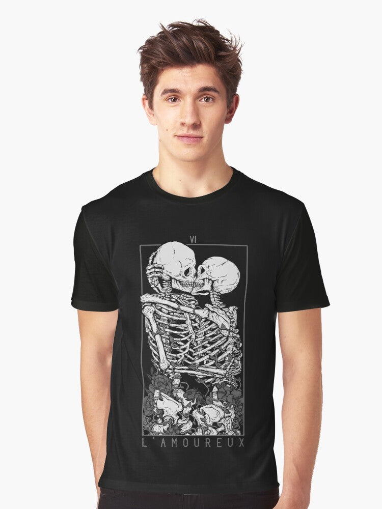 The Lovers Graphic T-Shirt featuring a couple kissing with tarot and gothic elements - Men