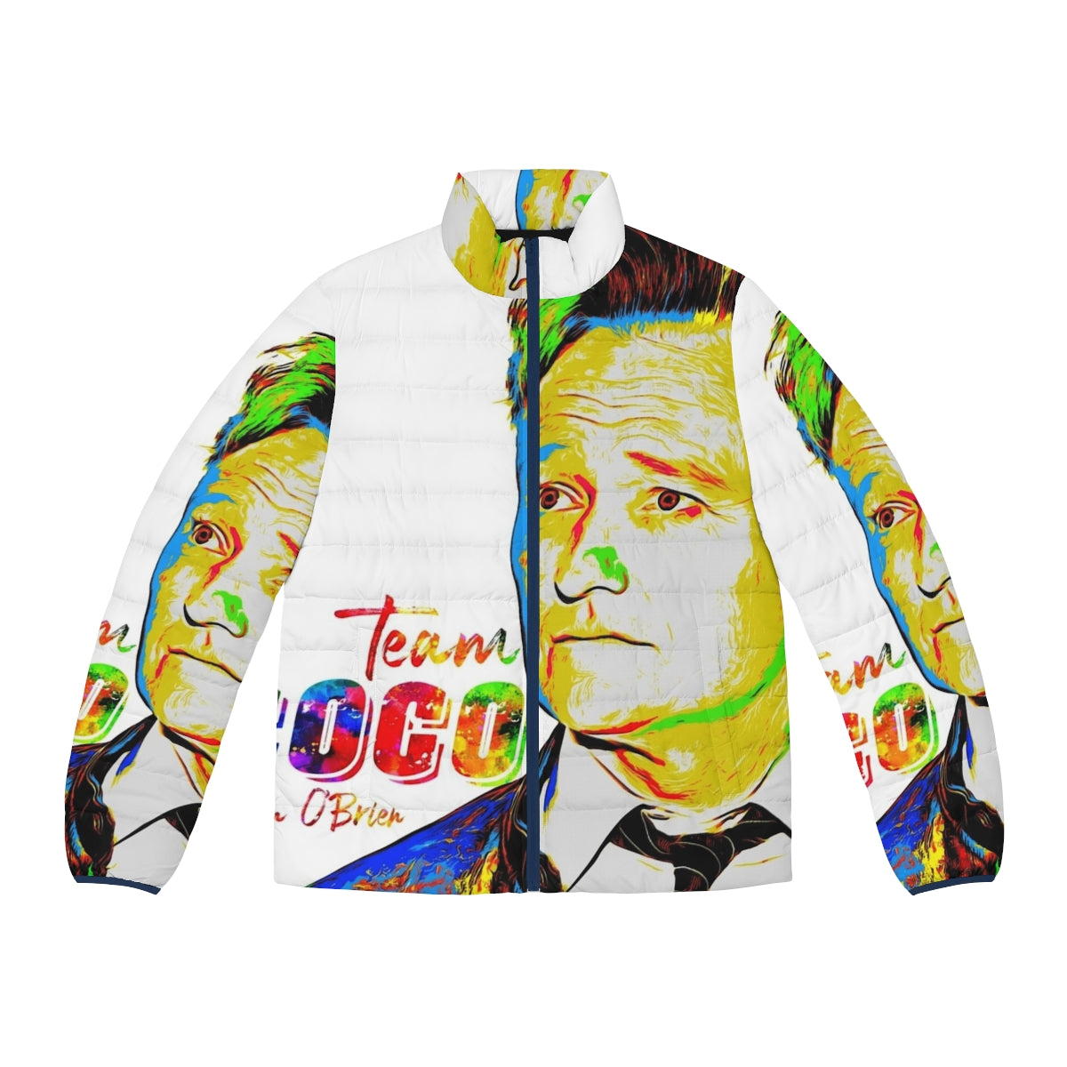 Conan O'Brien Team Coco Puffer Jacket featuring a cool watercolor portrait design