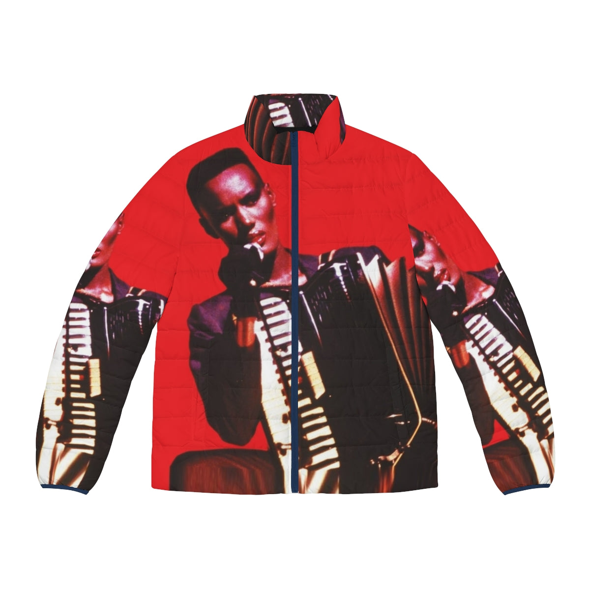 Grace Jones wearing a stylish puffer jacket, epitomizing 80s fashion and music